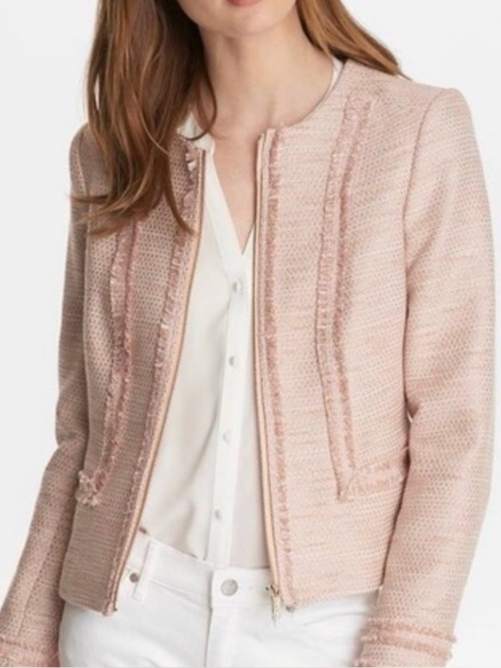 Classic Tweed Zip-Front Jacket in Light Pink